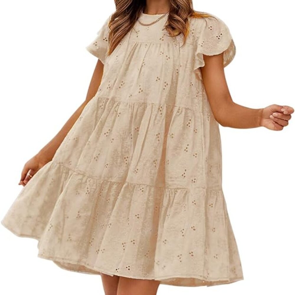 Beige Eyelet Lined Dress Size Medium 100% Cotton Dress